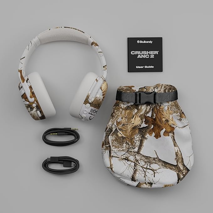 Skullcandy Crusher ANC 2 Wireless Over-Ear Bluetooth Headphones with Multi-Sensory Bass, Active Noise Cancelling, Up to 60 Hours Battery, Microphone for iPhone Android - Realtree Edge Colors White