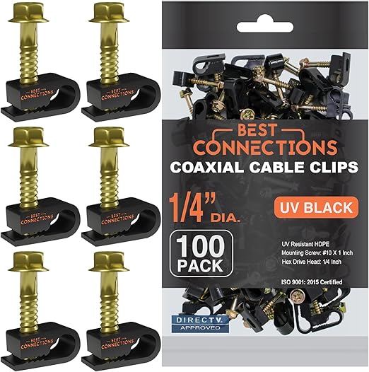 BEST CONNECTIONS Coaxial Cable Clips with Pre-Inserted Screw (1,600 Pack) – Black Single Cable Mounting Clamps for Coax Cable (RG6, RG59) and Ethernet Cable – Cord Fastener/Strain Relief Clip