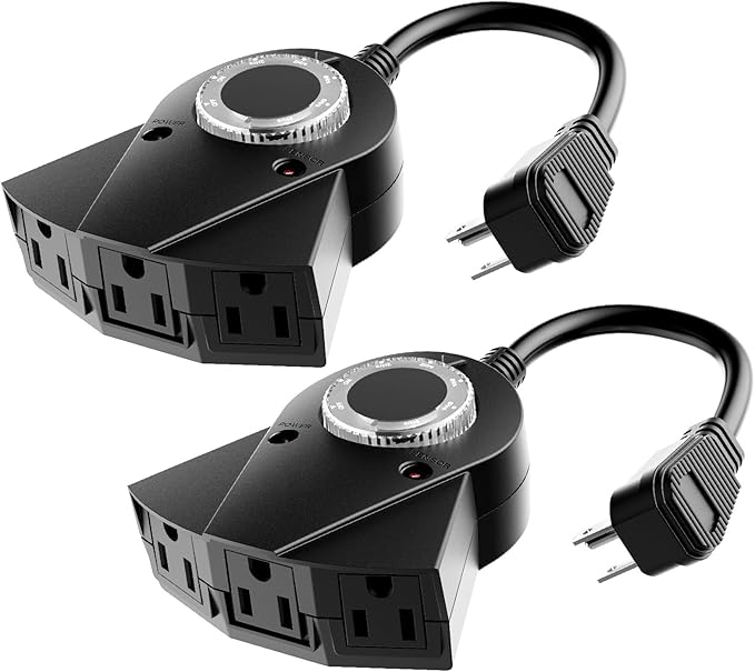 Outdoor Light Sensor Timer, 24 Hours Heavy Duty Waterproof Outlet Timer with 2, 4, 6 or 8 Hours Countdown Mode, 3 Grounded Electrical Outlet for Home Backyard Garden (2 Pack)