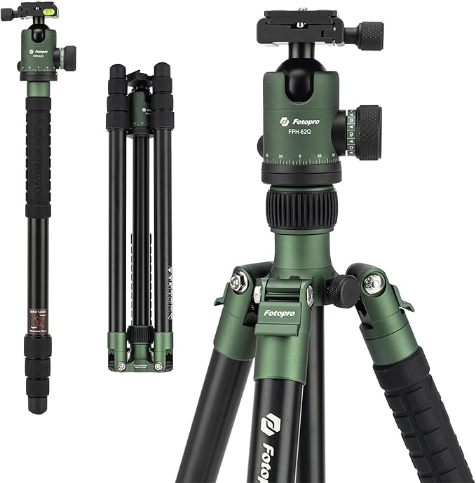Fotopro 68" Camera Tripod for DSLR, Heavy Duty Compact Travel Tripod with Ball Head, Detachable Monopod with Quick Release Plate and Bag, Load up to 12KG/26.5lbs, Green