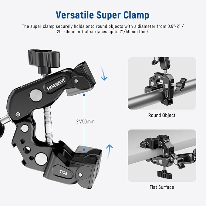 NEEWER Super Clamp with 3" Dual Ballhead Magic Arm, Camera Phone Clamp Mount with 1/4" 3/8" Threads, Cold Shoe, Phone Holder, Action Camera Adapter Compatible with GoPro DJI iPhone 16 15 Pro Max, ST88