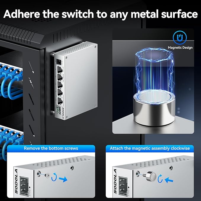 SODOLA 5 Port 2.5Gb Switch Managed, 5X 2.5G Base-T Ports, 1x 10G SFP+,Aluminum Alloy Cooling & Magnetic Mounting - LACP/QoS/VLAN/IGMP Web 2.5G Network Switch for Homelab