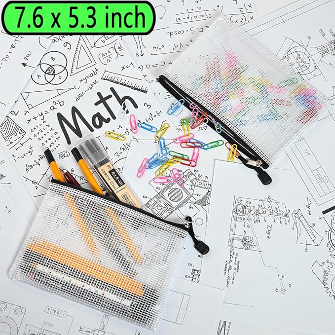 AUSTARK 10 Pcs Zipper File Bags, Waterproof Plastic Mesh Pouch for Office School, Board Game Storage Bags (Multi-Size, White and Black)