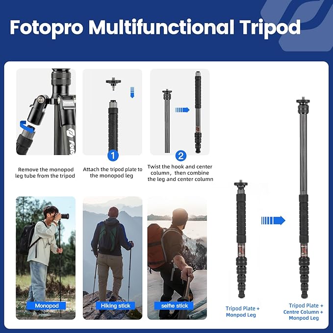 Fotopro 59” Carbon Fiber Travel Tripod, 2 in 1 Lightweight Monopod Tripods, Professional Compact Tripod for DSLR Camera, Load up to 17.6lbs(8kg)