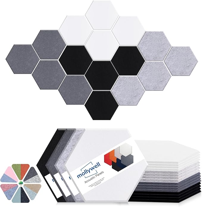 Mollywell Hexagon Acoustic Panels, High Density, Soundproofing, Decorative Noise Reduction Felt Wall Tiles for Studio, Office, Home (Silver Gray, Moon Gray, Black, White), 14x12x0.4 Inch