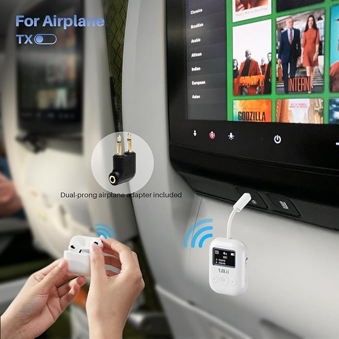 1Mii SafeFly Min+ Bluetooth Transmitter and Receiver,Bluetooth Adapter for Airplane, Supports to 2 AirPods/Headphones,Use with Any 3.5mm Jack on Airplanes, Gym, TVs, Car, Home, Boat(White)