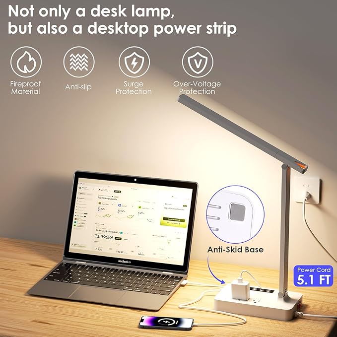 Infiway LED Desk Lamps for Home Office: Desk Lamp with USB Charging Port - 1 USB-A, 1 Type-C Ports, 2 AC Power Outlets, Touch Control Dimmable 5 Color 5 Brightness, Night Light(White)