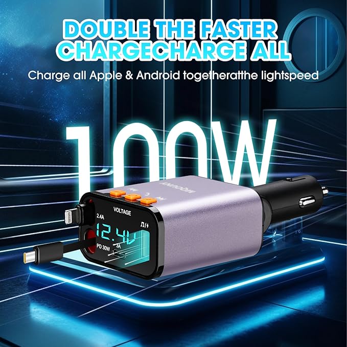 Retractable Car Charger,5 in 1 Fast Cars Phone Charger 60w,Bluetooth 5.3 FM Transmitter Adapter,Handsfree Call,MP3 Player,2 Retractable Cables and USB Chargers, for Phone,Galaxy,Pixel (Purple)
