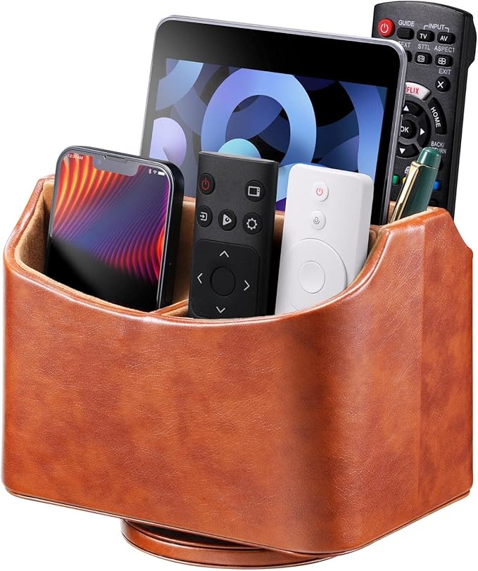Remote Control Holder, Spinning Desk Organizer, Nightstand Bedside Caddy for TV Remotes/Tablets/Phones/Eyeglasses/Books/Pens - Brown