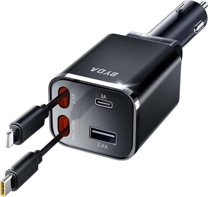 Retractable Car Charger, 4 in 1 Fast Charging USB-C & USB-A Compatible with iPhone 16/15/14/13/12/11 Pro Max, 69W Fast Car-Charger Cigarette Lighter Adapter for Galaxy, Pixel (Light-ning+USB-C) Black