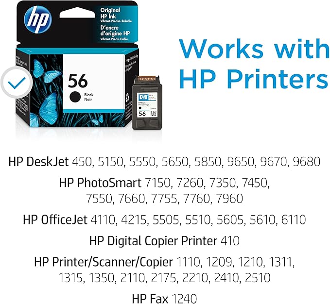 HP 56 Black Ink Cartridge | Works with HP DeskJet 450, 5000, 9600; PhotoSmart 7000; OfficeJet 4000, 5000, 6110; Digital Coper Printer 410; PSC 1000, 2000; Fax 1240 Series | C6656AN