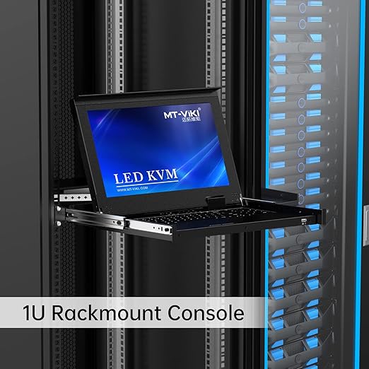 MT-VIKI 8 Port KVM Console HDMI, 1U Rack Mount KVM Console w/15.6'' LCD Monitor, 1080P Short Depth Integrated Touchpad+Keyboard+Drawer+8 Cables, Support OSD/Hotkey