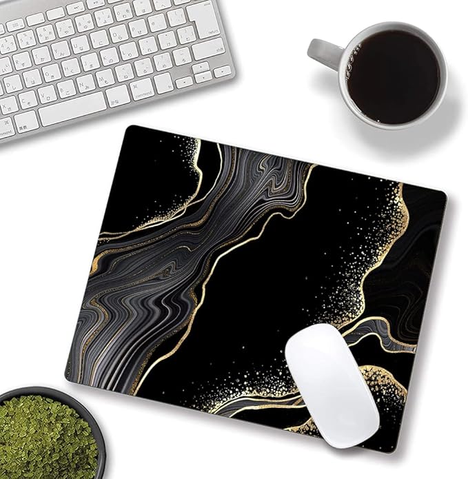 Mouse Pad Marble, Cute Personalized Mouse Pads with Design, Square Washable Cloth Mouse Mat, Gaming Office Home Non-Slip Rubber Base Computer Mousepad, Black Gold Marble