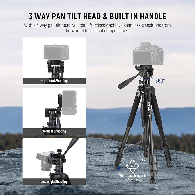 NEEWER Basic 74" Video Tripod Monopod, 3 Way Pan Tilt Head, Remote, Overhead Camera Mount, Horizontal Central Axis, Phone Holder Compatible with iPhone DSLR Telescope Projector, Max Load 17.6lb, TP05