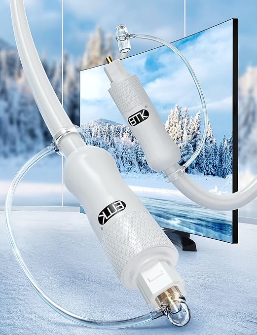 EMK White Optical Audio Cable [2ft/0.6M] - Digital SPDIF Toslink Fiber Optic Cable for Sound Bar, TV, Home Theater, Blu-ray Player - White, High-Speed, Low-Loss, Gold-Plated Connectors