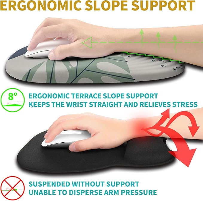 Hokafenle Ergonomic Mouse Pad Wrist Support with Stepped-Wedge Design, Wrist Rest Pain Relief Mousepad Filled with Memory Foam, Carpal Tunnel Mousepad for Wireless Mouse(12x8 inch, Abstract Leaves)
