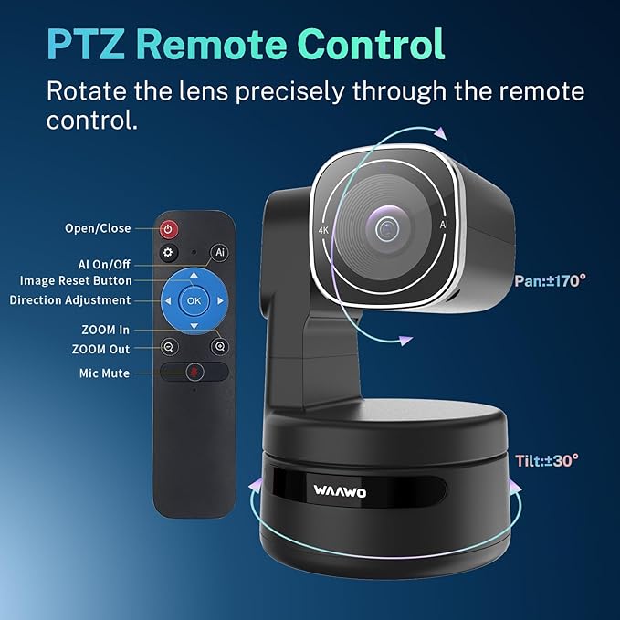 USB C Webcam PTZ Webcam, 4K Streaming Web Camera with Folded Bracket, 3X Digital Zoom with Remote Control, One Click Mute for Privacy Protection, Works with Zoom,OBS,TikTok,YouTube,etc