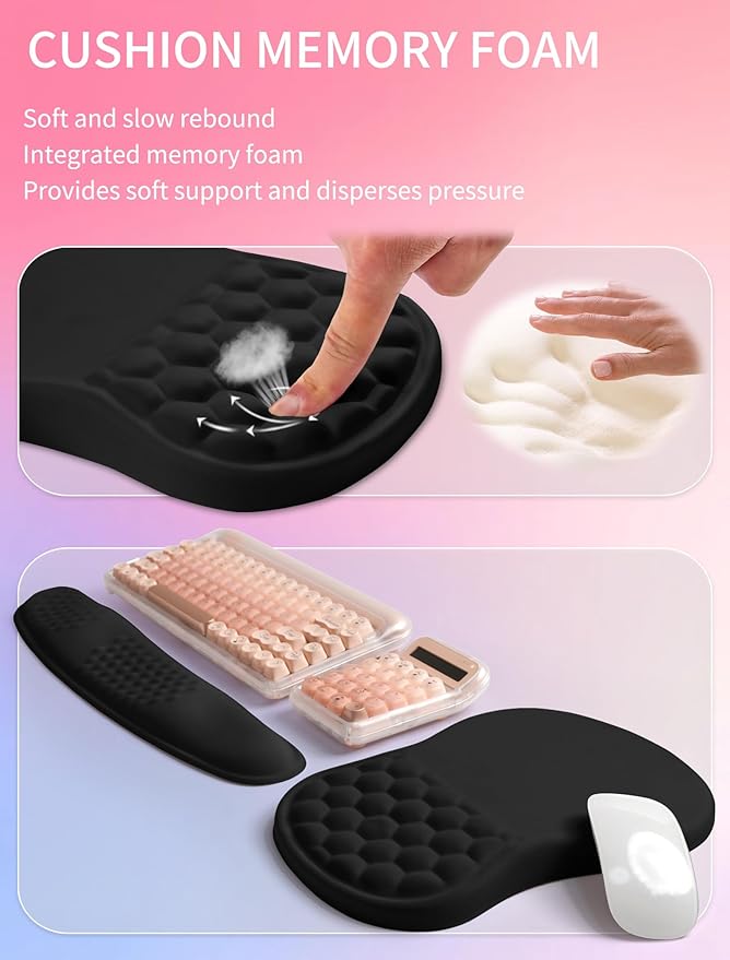 Hokafenle 2in1 Combination, Wave Keyboard Wrist Rest and Ergonomic Curvature Mouse Pad Wrist Support for Relieve Wrist Pain, Filled with Soft Cushion Memory Foam, Black