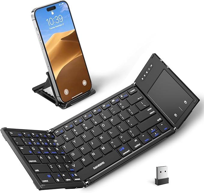 Samsers Foldable Bluetooth Keyboard with Touchpad, Full-Size Dual-Mode Wireless Folding Keyboard, Rechargeable Portable Travel for iOS Windows Android Mac OS, Support 4 Device(BT5.1x3 + 2.4G)