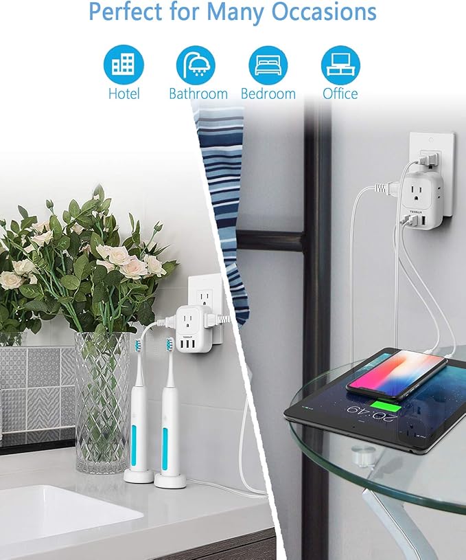 USB Charger Block, TESSAN Wall Plug Adapter with Electrical 4 Box Splitter 3 USB Wall Charger Ports, Multi Plug Outlet Extender Charging for Cruise, Travel, Office, Dorm Essentials, White