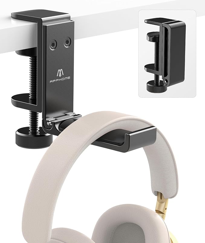 New Foldable Headphone Stand Hanger Holder Aluminum Headset Soundbar Stand Clamp Hook Under Desk Space Save Mount, Universal Fit Gaming Headphones, Black