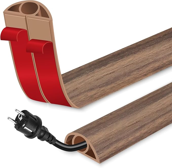 Floor Cord Cover for Wires on Floor Self Adhesive Cord Hider Floor Cable Management Wire Covers for Cords Protector Prevent Cable Trips Cord Cavity W 0.32" x H 0.32", Misty Brown Wood, 10Ft