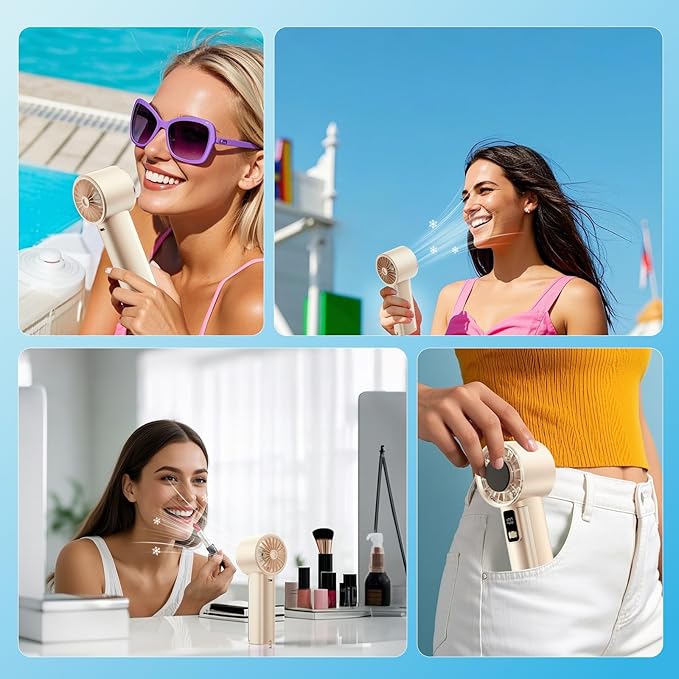 PANERGY High Speed Handheld Fan with Ice Cooler,1-100 Speed Adjustable Mini Turbo Fan, 4000mAh Battery Rechargeable & Digital Display,Gifts for Women Men Travel/Office/Beach/Camping(Beige)