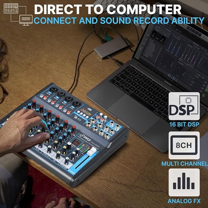 Pyle Professional Audio Mixer Sound Board Console Desk System- Interface 8 Channel Digital USB Bluetooth MP3 Computer Input 48V Phantom Power Stereo DJ Studio FX 16Bit DSP Processor, Black - PMXU83BT