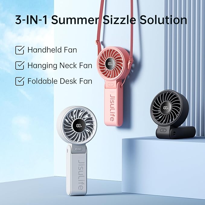 JISULIFE Handheld Fan Life7 – Ultimate Flexibility: High-Power Motor, LED Display, 19.5 Hrs Cooling, 5000mAh Rechargeable, 5-Speed, Foldable Design, 3-IN-1 Portable Fan for Travel Cruise Beach(Pink)