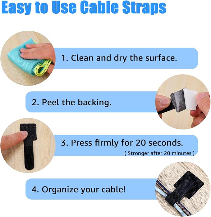 80PCS Hook and Loop Cable Ties, Hook and Loop Cable Straps, Under Desk Cable Management, Adhesive Cable Clips, Sticky-Back Cord Organizer for Desk, Household & Office Organization (Black)
