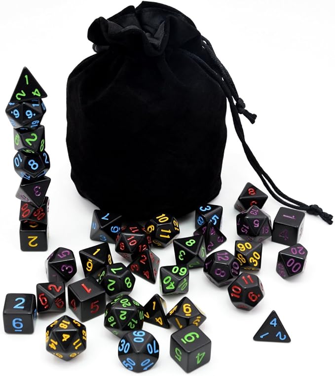 5 Sets New Black Polyhedral Dice with Satin-Lined Velvet Bag for Dungeons and Dragons DND RPG MTG D20 D12 D10 D8 D6 D4