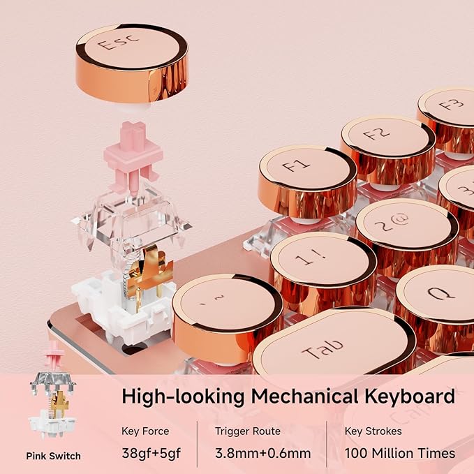 EWEADN Typewriter Style Mechanical Gaming Keyboard, Wired Mechanical Keyboards,104 Keys Backlit LED Keyboards, Media Control Knob, Wired Computer Keyboard Pink Switch for Windows/Mac/PC-Pink
