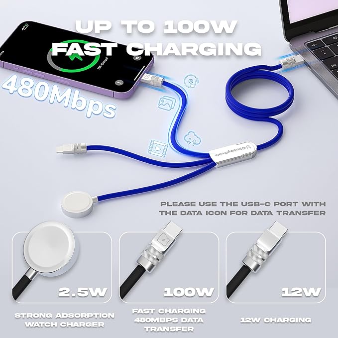 chubbycable Tri-Flex 3 in 1 USB C Cable for Apple Watch Charger Silicone 100W Multi Charging Cable Fast Charge Compatible with iPhone 16/15 Series iWatch iPad Airpods MacBook, 4.1FT, Orange