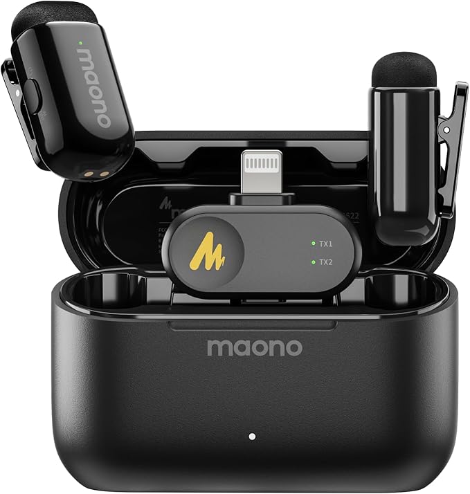 MAONO Wave T1 Mini Wireless Lavalier Microphone for iPhone iPad with MFi Certified Lightning Plug, Noise Cancellation, AI Voice Filter, 30H Used with Charging Case for Video Recording Vlog TikTok