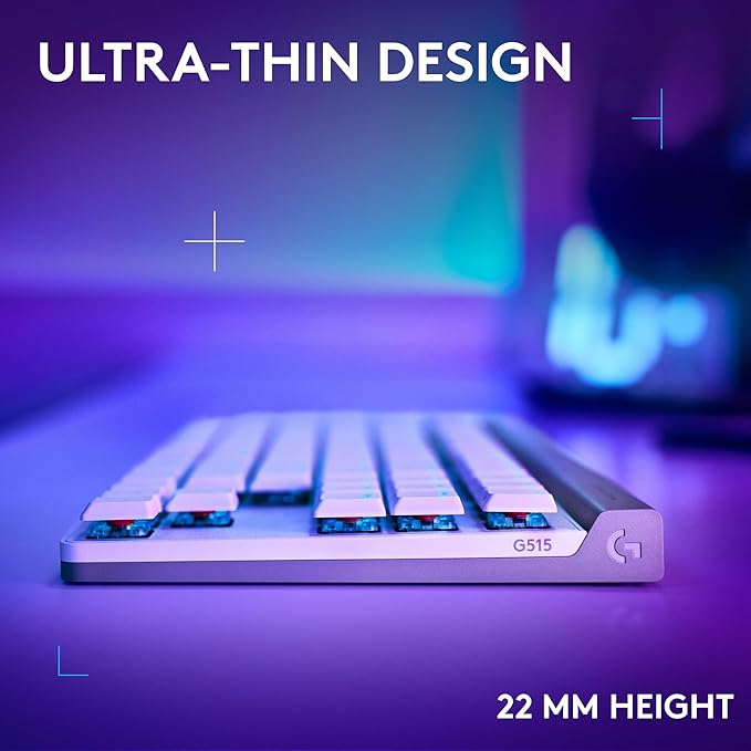 Logitech G515 Lightspeed TKL Low Profile Wireless Gaming Keyboard, LIGHTSYNC RGB, Thin Tenkeyless Design, Double-Shot PBT Keycaps, Linear (Red) Mechanical Switches - White