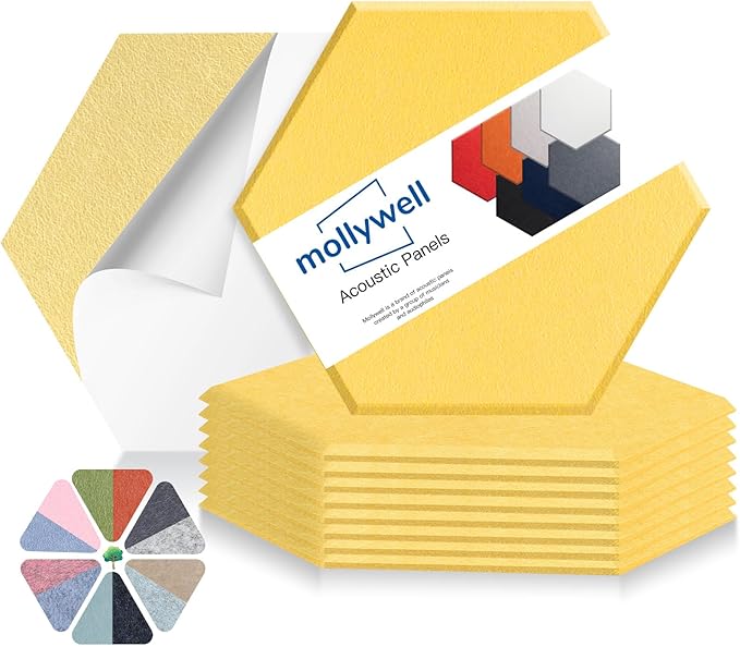 Mollywell Hexagon Acoustic Panels, High Density, Soundproofing, Decorative Noise Reduction Felt Wall Tiles for Ceilings, Home Office & Gaming Room (Yellow), 14x12x0.4 Inch