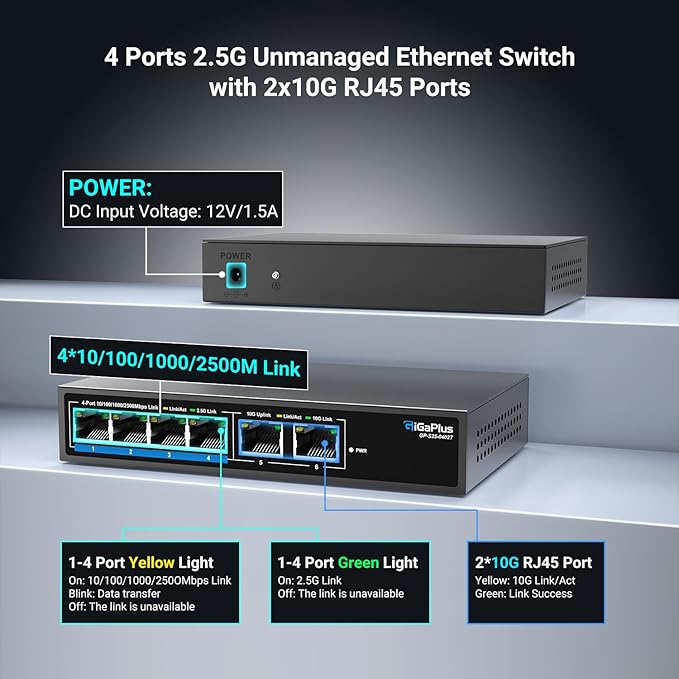 6 Ports 10Gb Unmanaged Ethernet Switch with 4*2.5G Base-T Ports, 2*10G RJ45 Ports. 60Gbps Switching Capacity, GiGaPlus 10Gbps Network Switch for 2.5G/10Gbps NAS/PC, WiFi6 Router, Wireless AP