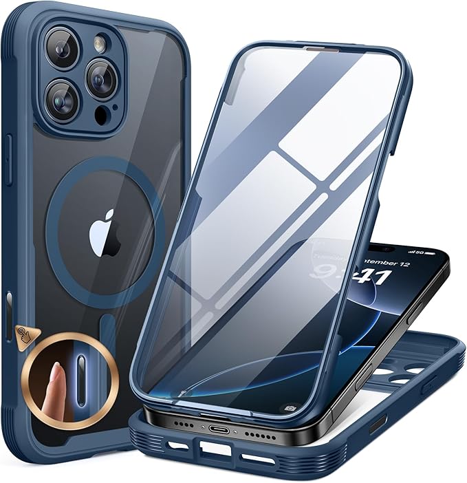 Miracase for iPhone 16 Pro Max Case 6.9'', [Bubble Free] Full-Body Bumper Phone case with Built-in Full Glass Screen &Lens Protector,Compatible with MagSafe,Drop Proof 16 Pro Max Cover,Blue