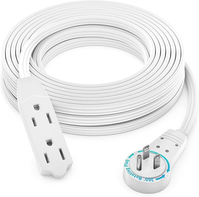 Maximm Cable 50 Ft 360° Rotating Flat Plug Extension Cord, 16/3 AWG Multi 3 Outlet 3-Prong Grounded Wire- White - UL Certified
