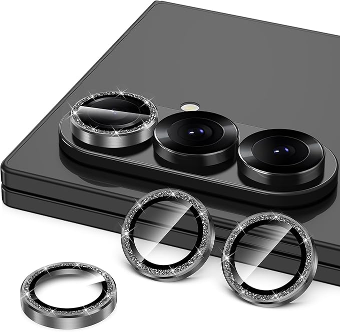 for Samsung Galaxy Z Fold 7 Camera Lens Protector, Individual Metal Ring Tempered Glass Lens Cover, [Strong Adsorption] Scratch Resistant Ultra-Thin HD Clear Lens Cover, 1 Set-Black Sparkly