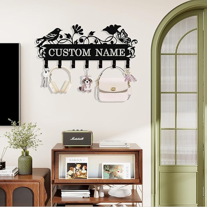 Personalized Bird Key Holder Wall Mount, Custom Metal Key Rack Key Holder with Name, Deer Cabin Wall Keys Hanger with Hooks for Entryway, Front Door, Hallway, Kitchen, Living Room