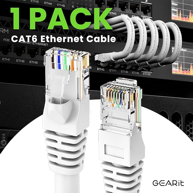 GEARit Cat 6 Ethernet Cable (1-Pack 75 Feet) Cat6 Network Patch, 10Gbps, RJ45, Snagless Cord, Gold-Plated Connectors, Internet for PC, TV, Tablet, Router, Printer, Servers, IT Data Center - White
