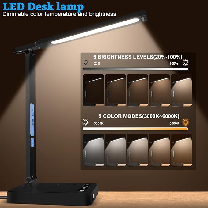 Smart Desk Lamp with Dual USB Charging (Type-C/USB-A) & 2 AC Outlets, Digital Clock, Temperature Display, 5 Color Modes, 5 Brightness, Adjustable - for Office, Bedroom, Dorm Room, Study