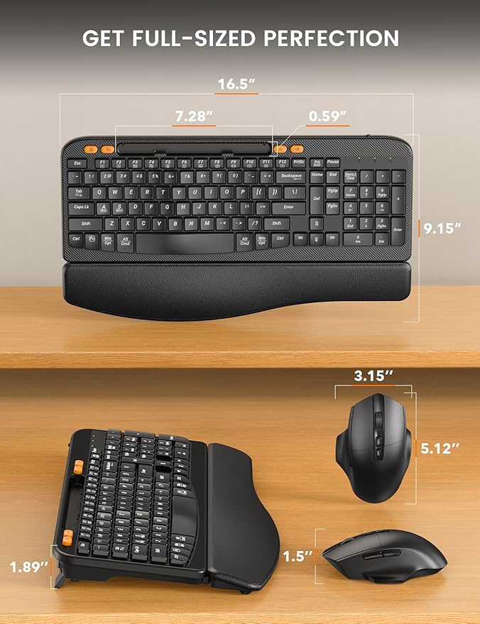Wireless Keyboard and Mouse Combo, Ergonomic Wave Keys, Cushioned Plam Rest, Rechargeable, Phone Holder, Natural Typing, 2.4G Lag-Free, Full Size Keyboards Cordless Set for Windows/Mac -SABLUTE