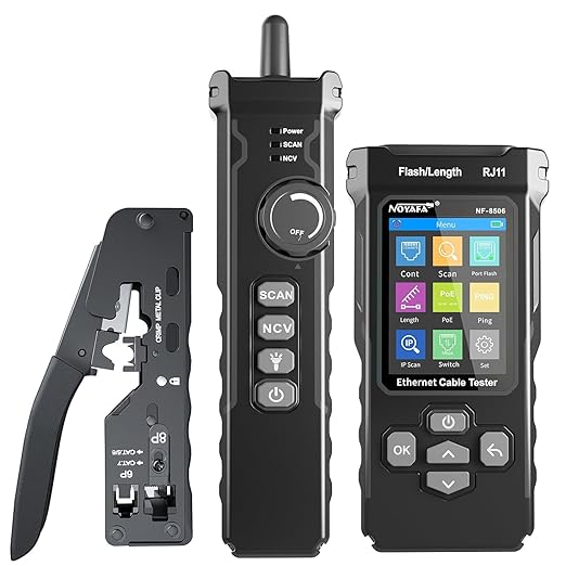 NOYAFA NF-8506 Network Cable Tester with RJ45 Crimp Tool, CAT5 CAT6 Network Tester, IP Scan, PoE Ping Test, Network Rate Test, Port Flashing, RJ45 RJ11 Ethernet Cable Tester with Crimper Stripper