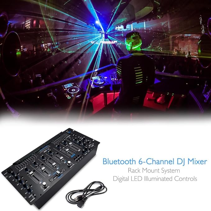 Pyle 6 Channel Mixer DJ Controller with Bluetooth, Professional Sound Digital Mixing System with LED Illumination, Slider Controls, Speed Control, 10 Band Equalizer 5U Rack Mount System - PYD1964B.5