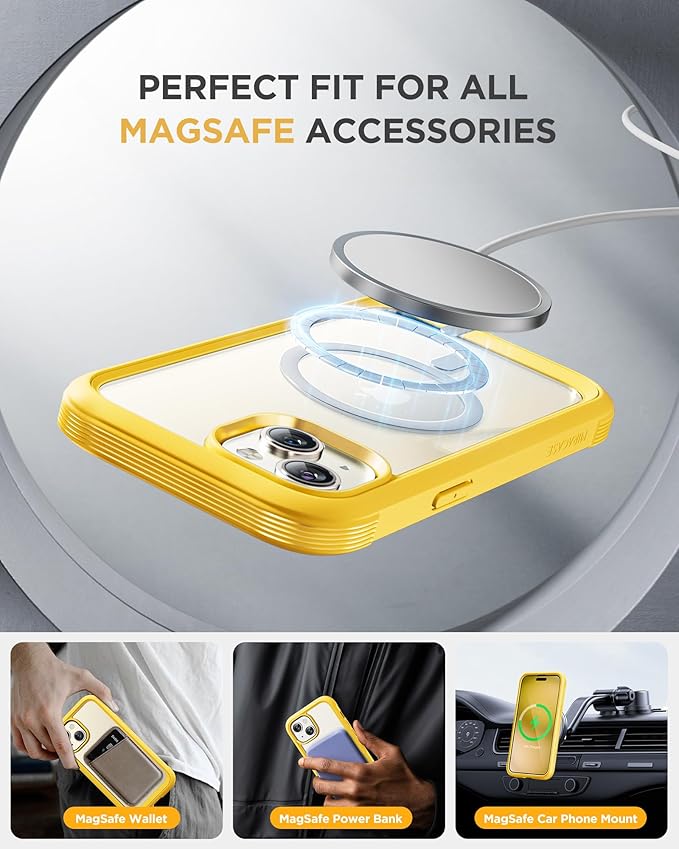 Miracase Glass Series for iPhone 15 Case [Compatible with MagSafe] Full-Body Magnetic Case with Built-in 9H Tempered Glass Anti-Fingerprint Screen Protector + Camera Lens Protector, Lemon Yellow
