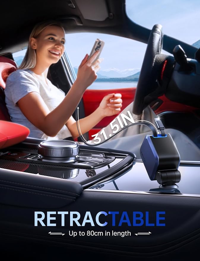 Retractable Car Charger, Car Accessories, 72W Fast Charging USB C Car Charger with 4FT Retractable Cables and 2 Ports, for iPhone 16 15 14 13 12, Samsung etc Dark Blue