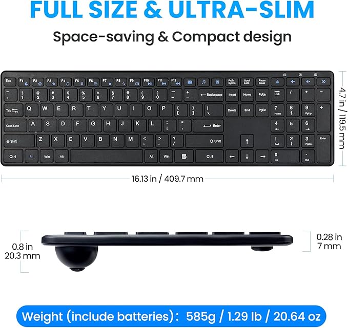 Wireless Keyboard-2.4G Ultra Slim Quiet Full Size Matte USB PC Computer Keyboard,19 Multimedia Keys,Number Pad,Plug&Play,Lag-Free Ergo,Long Battery life for Desktop,Laptop,Smart TV,MAC,Windows,QWERTY