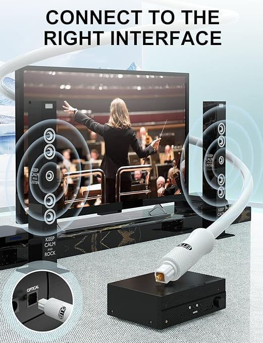 EMK White Optical Audio Cable [5ft/1.5M] - Digital SPDIF Toslink Fiber Optic Cable for Sound Bar, TV, Home Theater, Blu-ray Player - White, High-Speed, Low-Loss, Gold-Plated Connectors